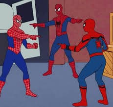 spiderman meme of multiple spidermen pointing at each other